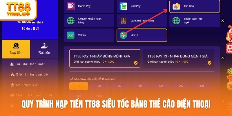 Quy trình nạp tiền TT88 siêu tốc bằng thẻ cào điện thoại